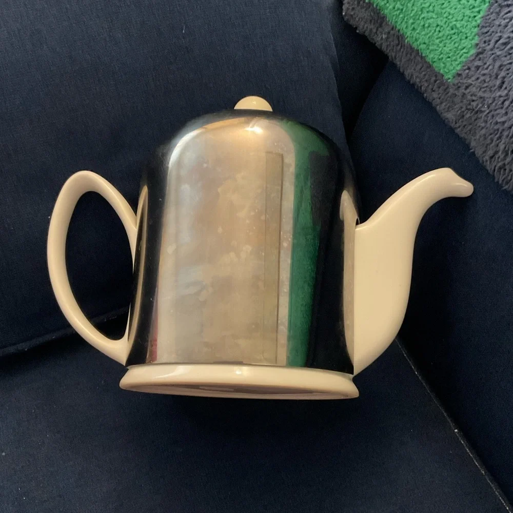 Crate&Barrel ceramic teapot with stainless cozy and infuser